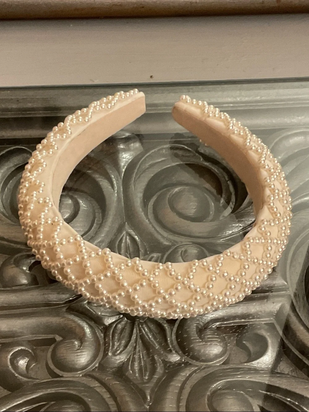Pearl Embellished Beaded Padded Headband Off White Bridal Fancy